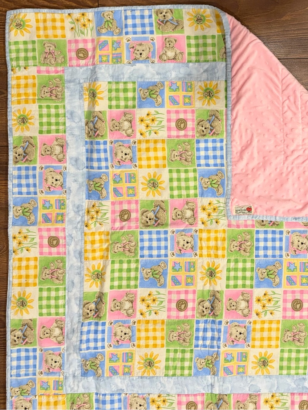 Handmade Vintage Baby Quilt with Teddy Bear, Sunflowers & Reversible Pink Plush